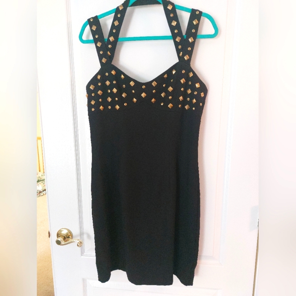 Vintage Laundry By Shelly Segal Size 12 Black Dress with Gold Studded Bust. EUC